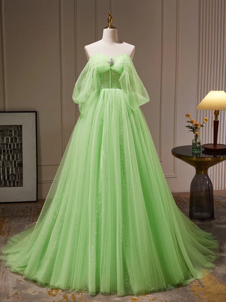 Buyishang A-Line Sweetheart Neck Tulle Green Long Prom Dress Green Tulle Long Evening Dress