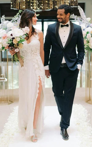 Buyishang Spaghetti A-Line Lace Bohemian Wedding Dress With Open Back And Split Front