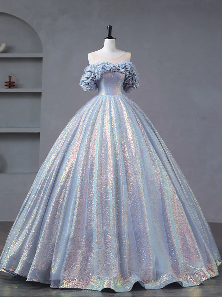 Buyishang A-Line Off Shoulder Tulle Sequin Blue Purple Long Prom Dress Sequin Formal Dress