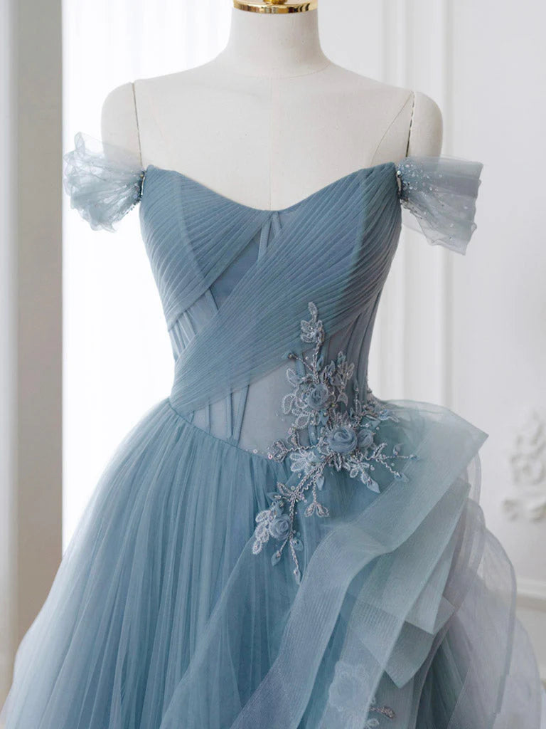 Buyishang A-Line off Shoulder Tulle Lace Gray Blue Long Prom Dress Blue Long Formal Dress