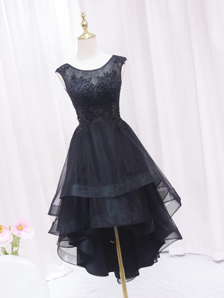Buyishang A-Line Lace Tulle Black Short Prom Dress High Low Black Homecoming Dress
