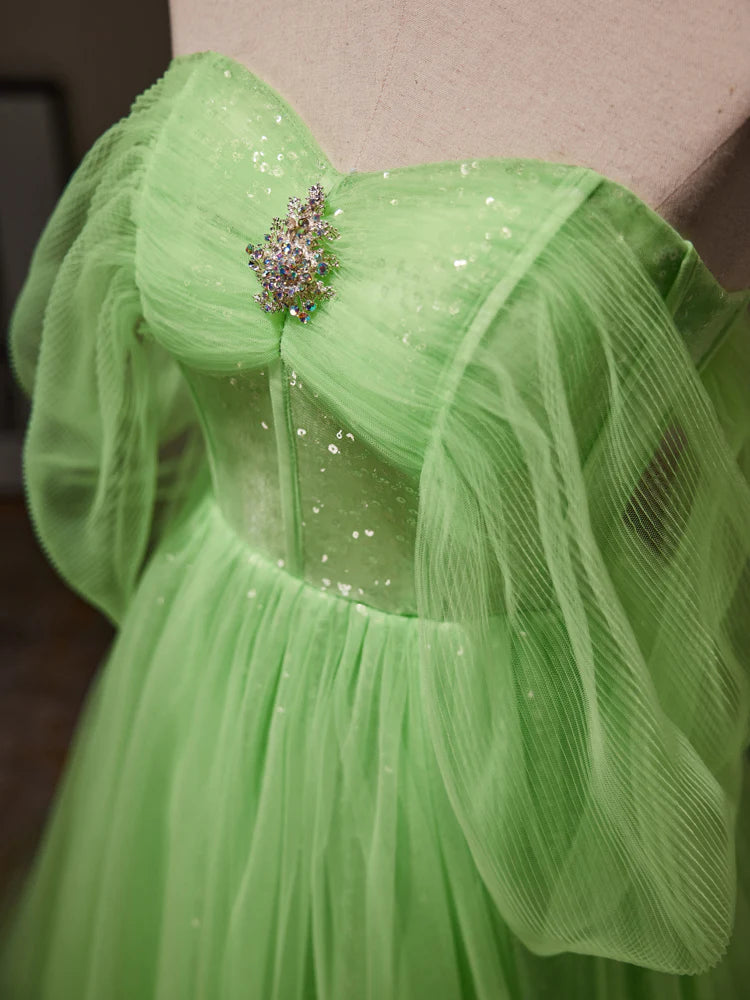 Buyishang A-Line Sweetheart Neck Tulle Green Long Prom Dress Green Tulle Long Evening Dress