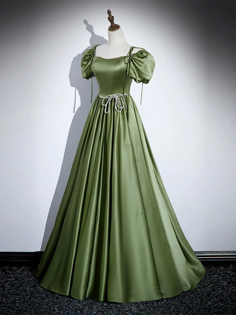 Buyishang A-Line Satin Green Long Prom Dress Green Formal Evening Dress