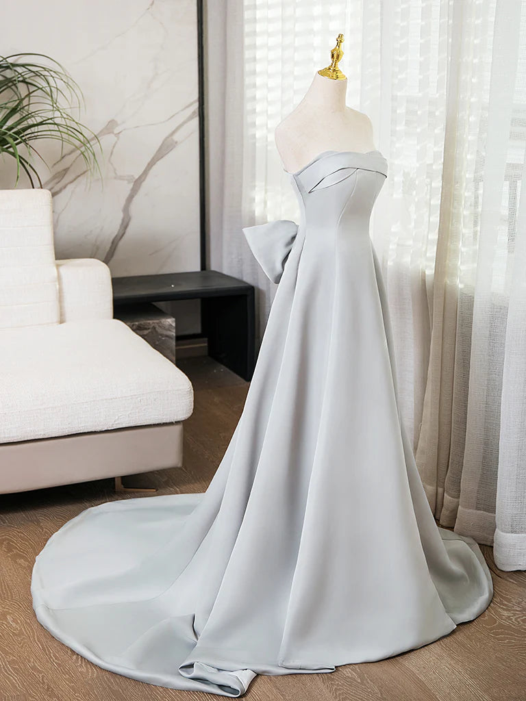Buyishang A-Line Sweetheart Neck Satin Gray Long Prom Dress Gray Long Formal Dress