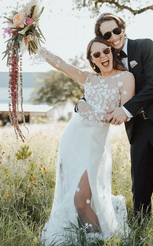 Buyishang Bohemian Mermaid Bateau Chiffon Wedding Dress with Appliques and Split Front