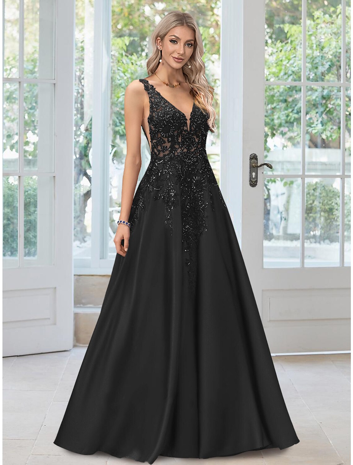 A-Line Evening Gown Floral Dress Formal Black Dress Floor Length Sleeveless