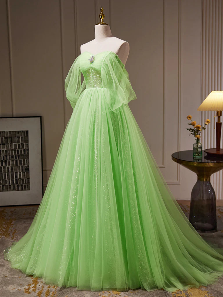 Buyishang A-Line Sweetheart Neck Tulle Green Long Prom Dress Green Tulle Long Evening Dress