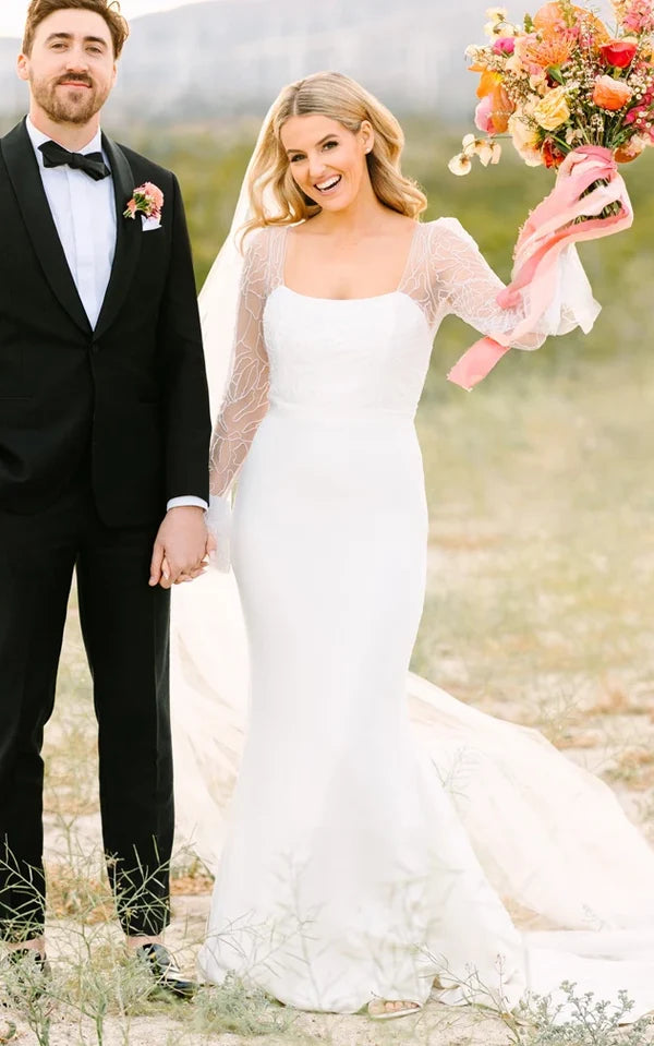 Buyishang Mermaid Satin Simple Wedding Dress With Square Neckline And Long Sleeve