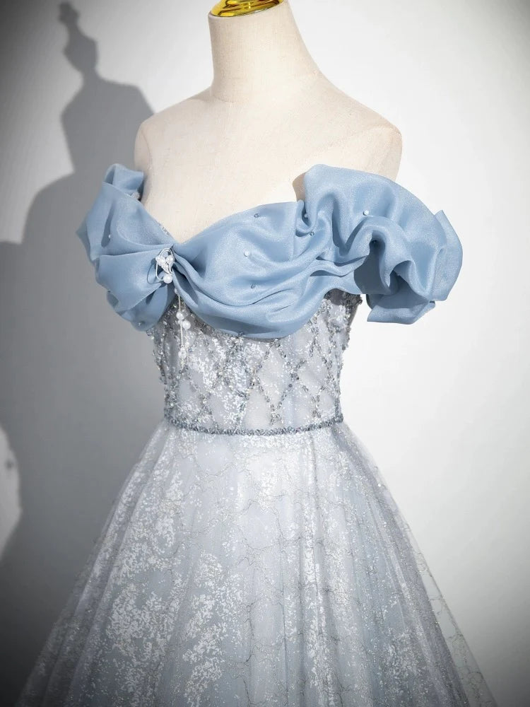 Buyishang A-Line Off Shoulder Tulle Lace Beads Blue Long Prom Dress Blue Long Formal Dress