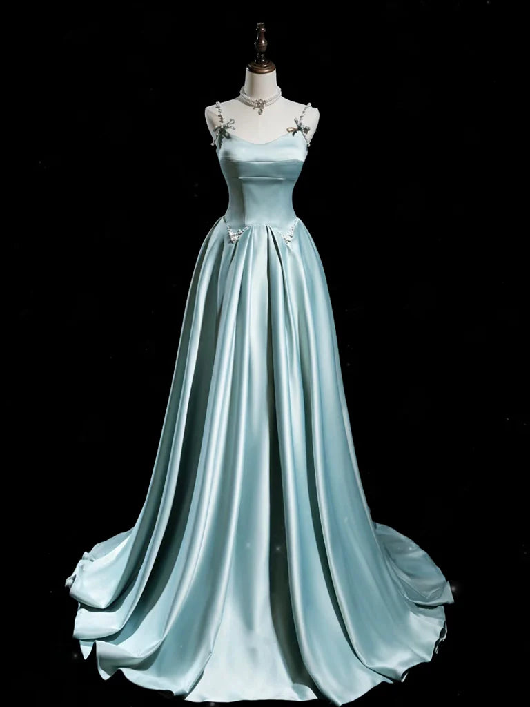 Buyishang A-Line Blue Satin Long Prom Dress Blue Long Formal Dress