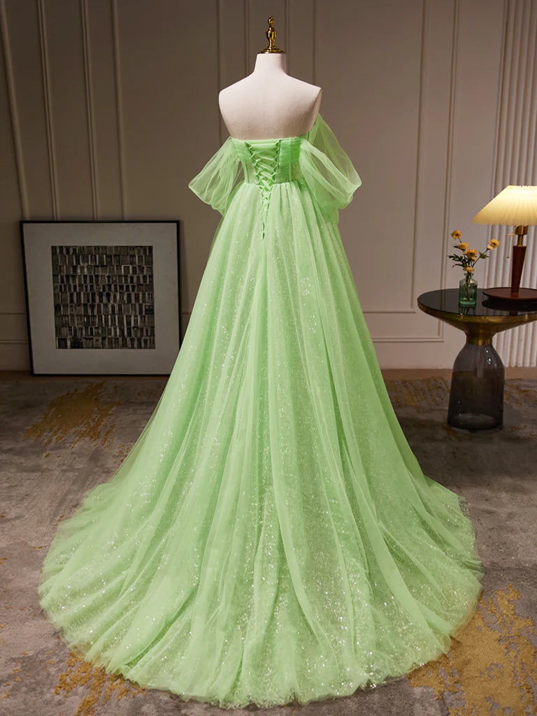 Buyishang A-Line Sweetheart Neck Tulle Green Long Prom Dress Green Tulle Long Evening Dress