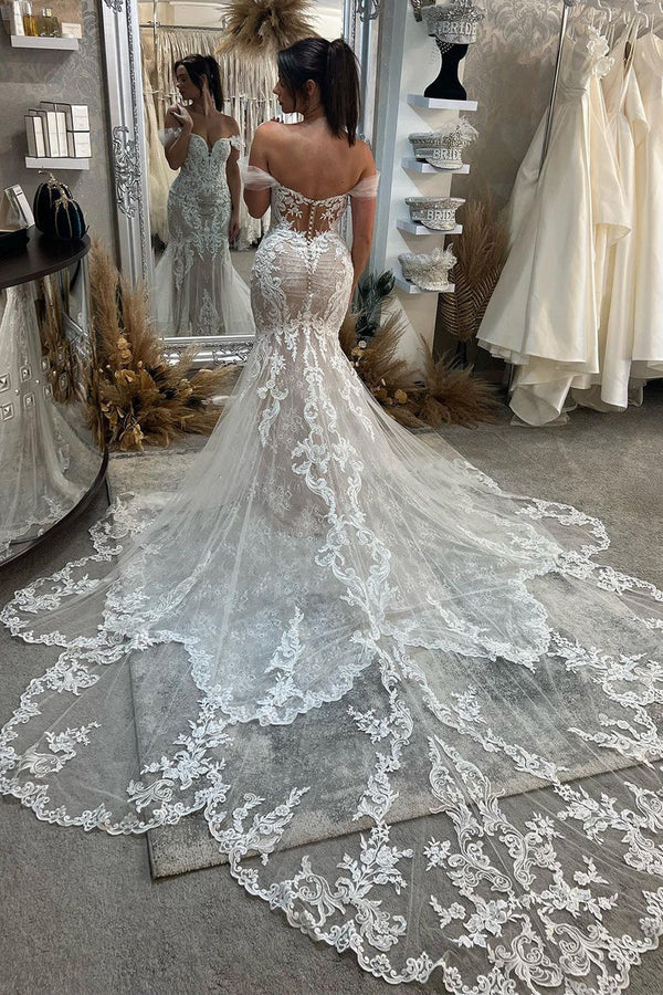 Buyishang Mermaid Off the Shoulder Lace Wedding Dresses with Train