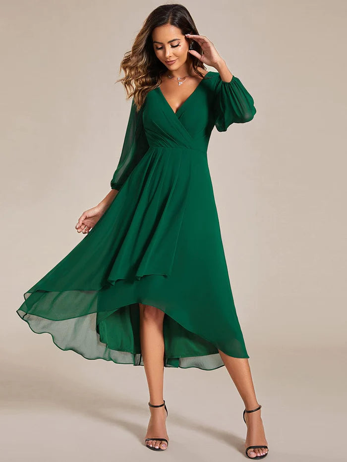 Long Sleeves Asymmetrical Hem A-Line Midi Wedding Guest Dress/Prom  Dresses