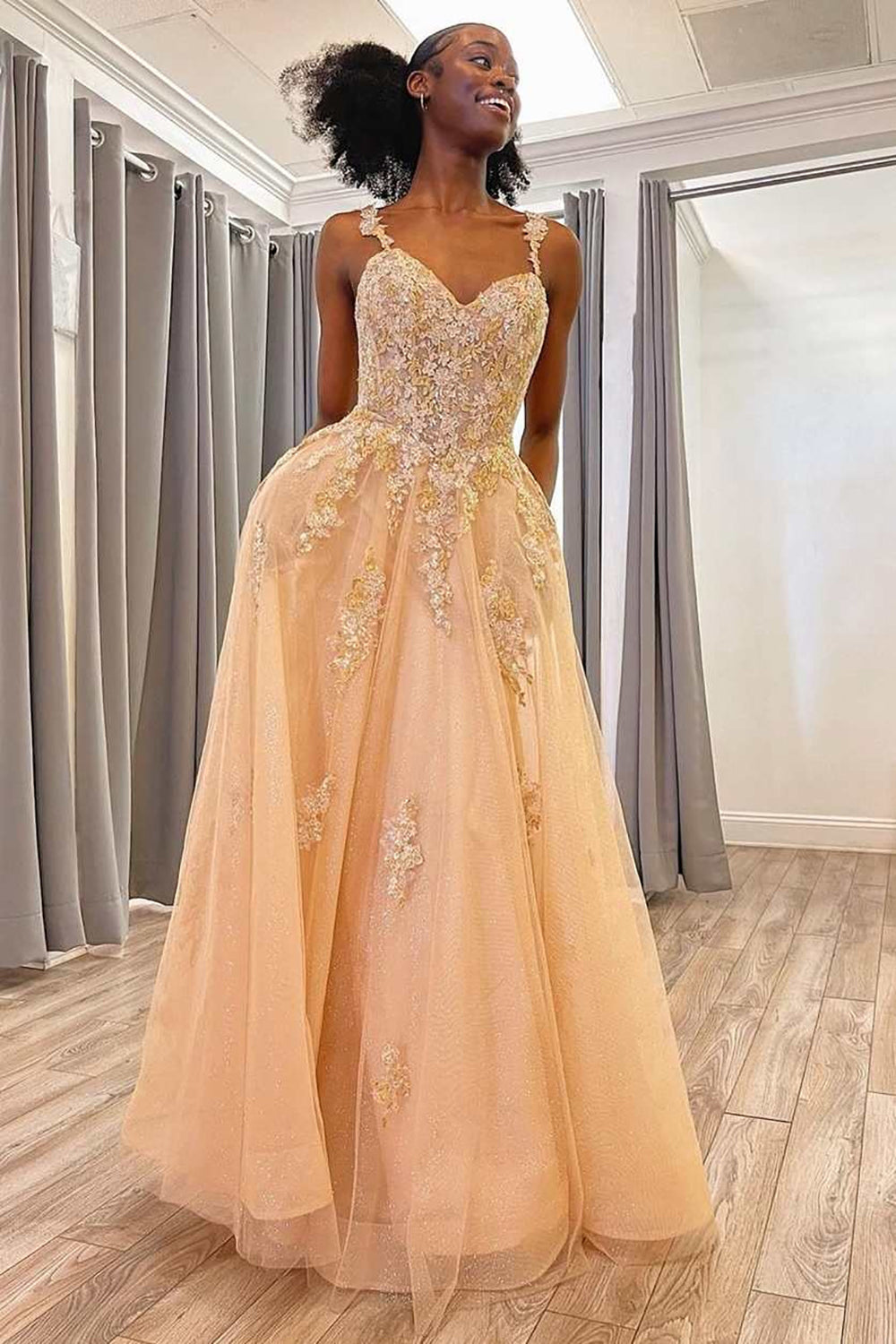 Charming A Line Spaghetti Straps Champagne Long Prom Dress with Appliques