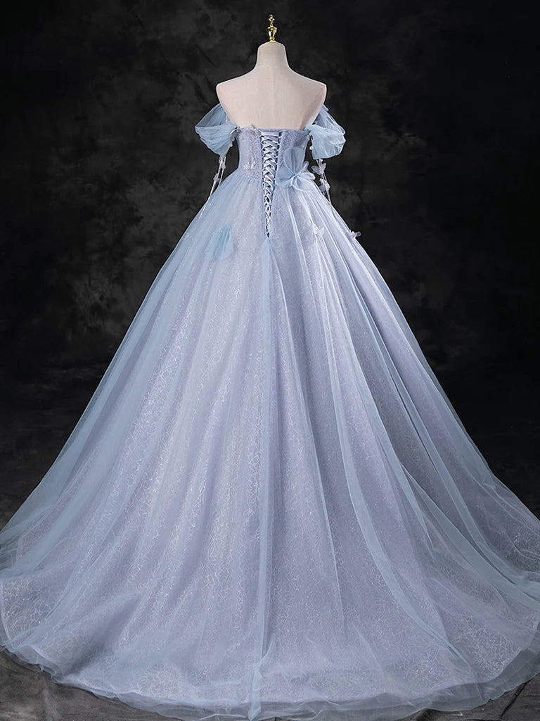 Buyishang Blue A-Line Off Shoulder Tulle Long Prom Dress Blue Formal Dress