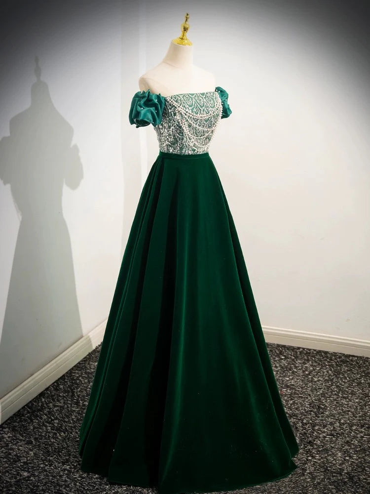 Buyishang A-Line Velvet Sequin Beads Green Long Prom Dress Velvet Green Long Formal Dress