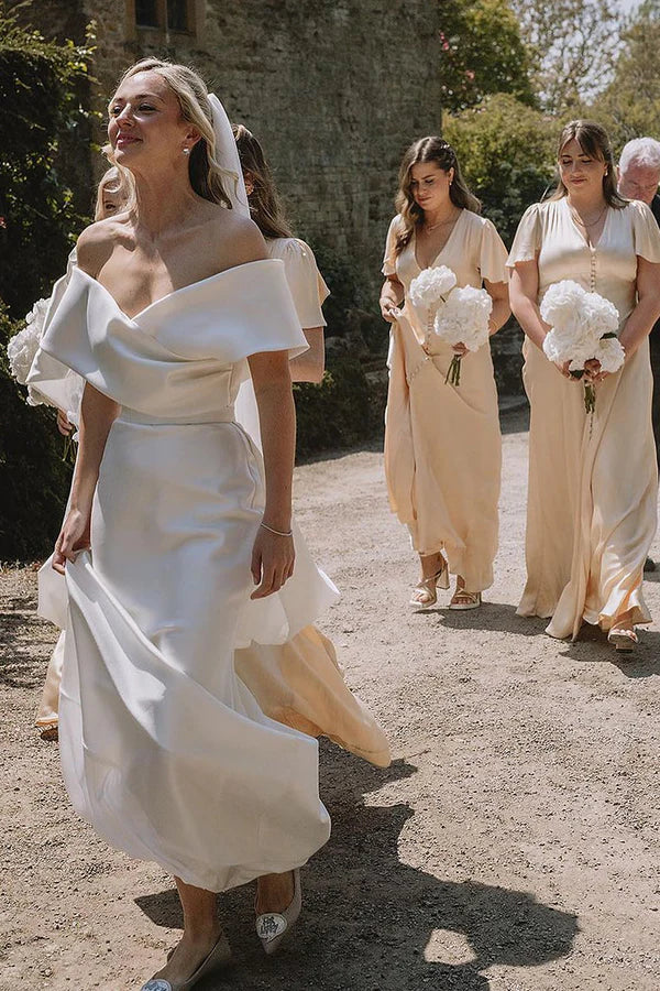 Buyishang Mermaid Off the Shoulder White Satin Wedding Dresses