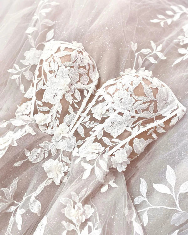 Buyishang Fairy A Line Sweetheart Tulle Long Wedding Dresses with Appliques