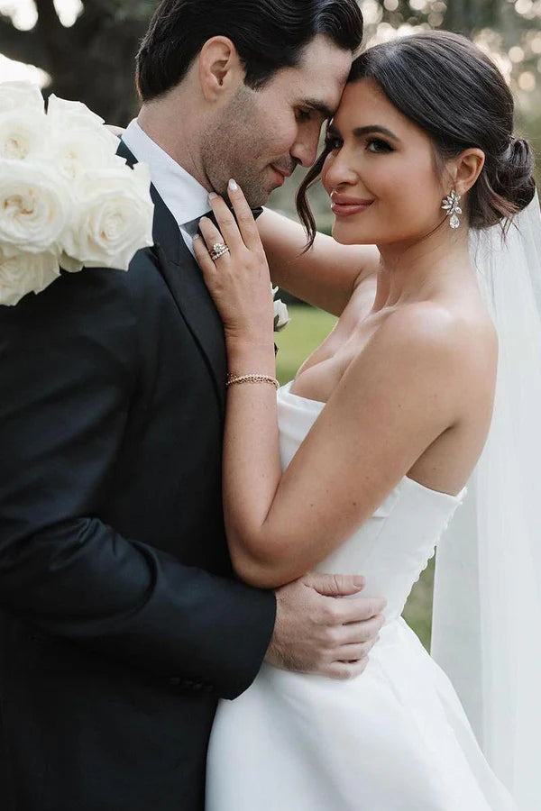 Buyishang A-Line Strapless White Satin Wedding Dresses with Slit