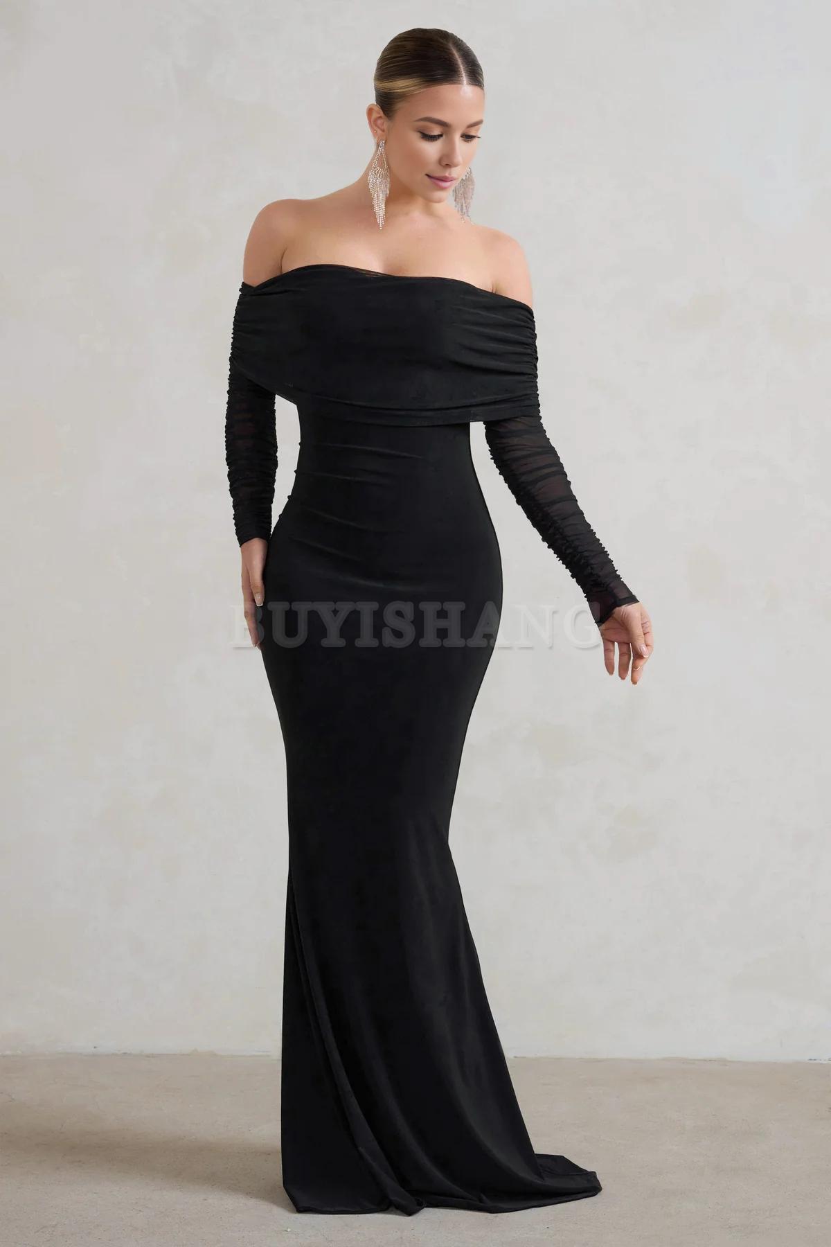 Buyishang Elegant fishtail dress with Bardot mesh long sleeves simple and fashionable stores with prom dresses