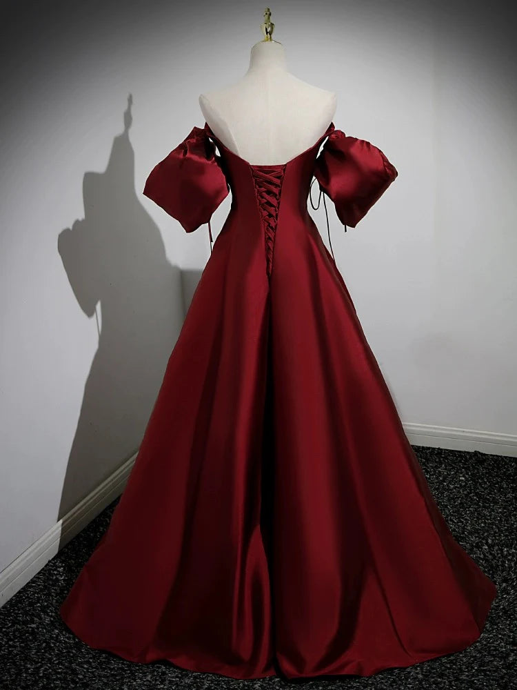 Buyishang A-Line Puff Sleeves Satin Burgundy Long Prom Dress Burgundy Long Formal Dress