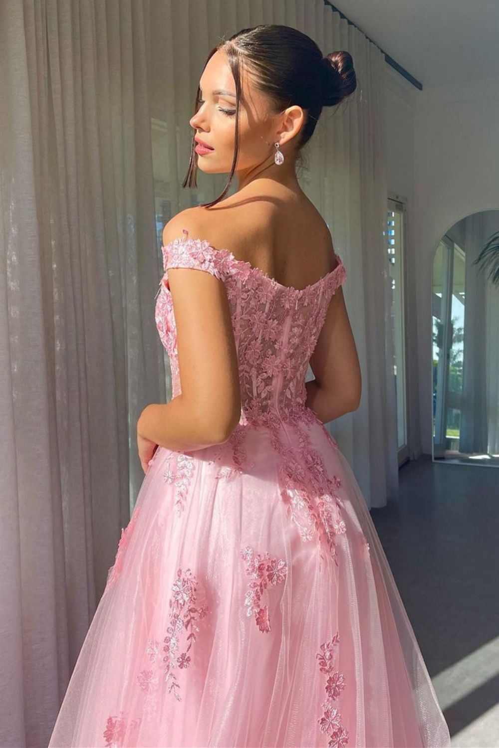 Charming A Line Off the Shoulder Pink Long Prom Dress with Appliques