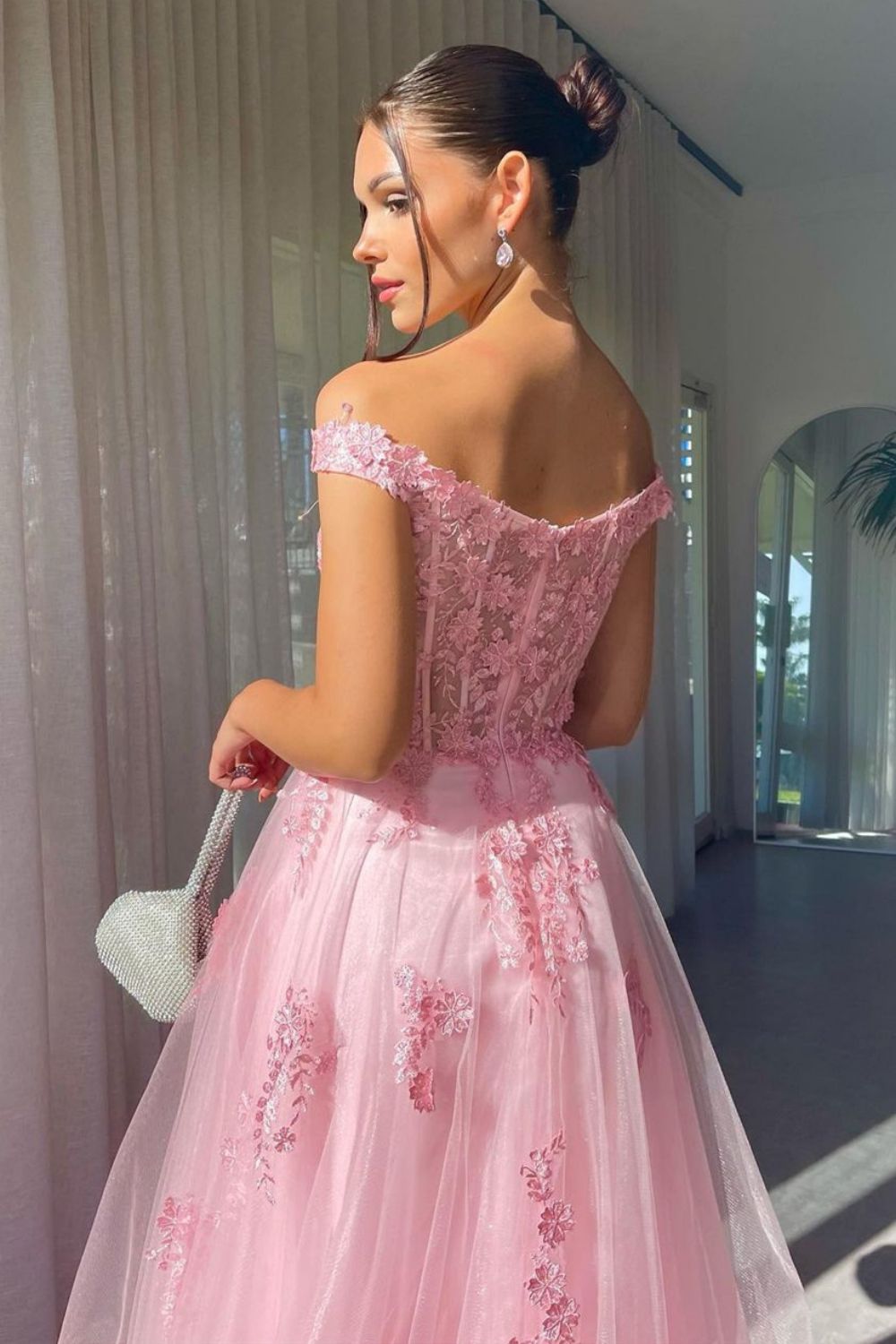 Charming A Line Off the Shoulder Pink Long Prom Dress with Appliques
