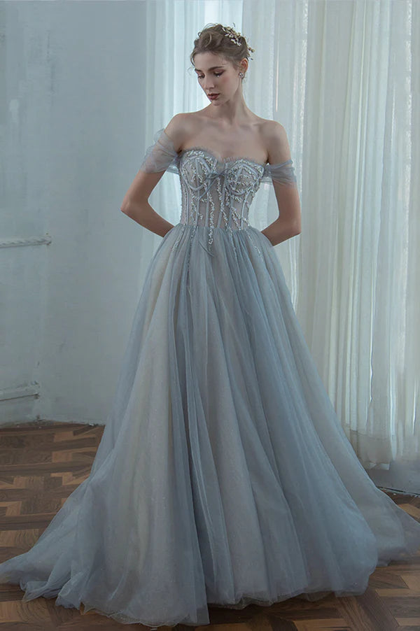 Off the Shoulder Tulle Long Prom Dress Gray A-Line Evening Dress with Beaded