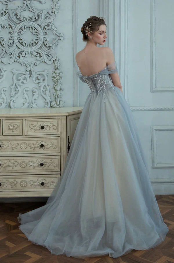 Off the Shoulder Tulle Long Prom Dress Gray A-Line Evening Dress with Beaded