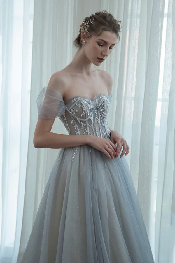 Off the Shoulder Tulle Long Prom Dress Gray A-Line Evening Dress with Beaded