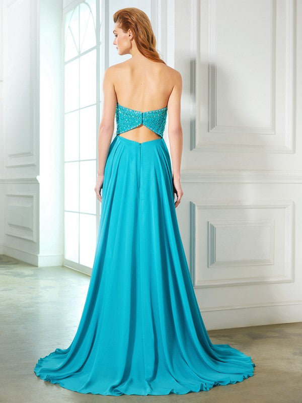 A-Line/Princess Sweetheart Beading Sleeveless Chiffon Sweep/Brush Train Dresses