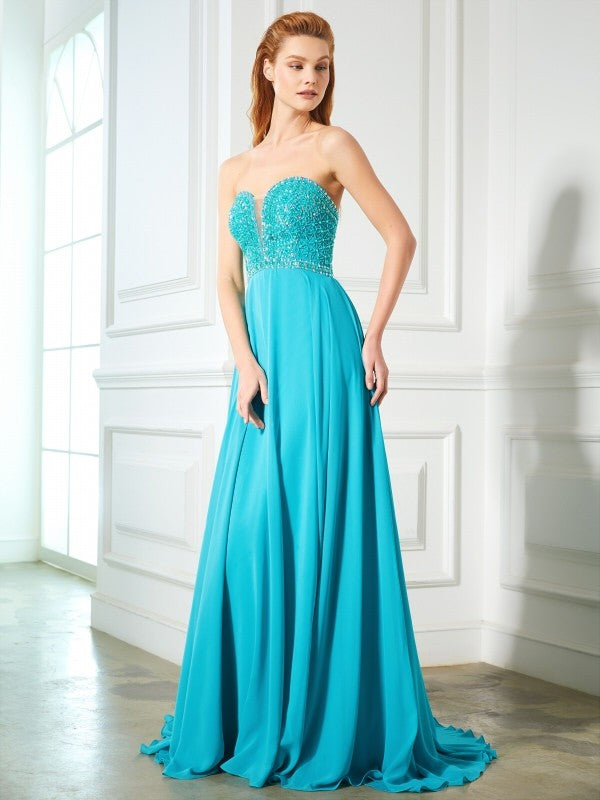 A-Line/Princess Sweetheart Beading Sleeveless Chiffon Sweep/Brush Train Dresses