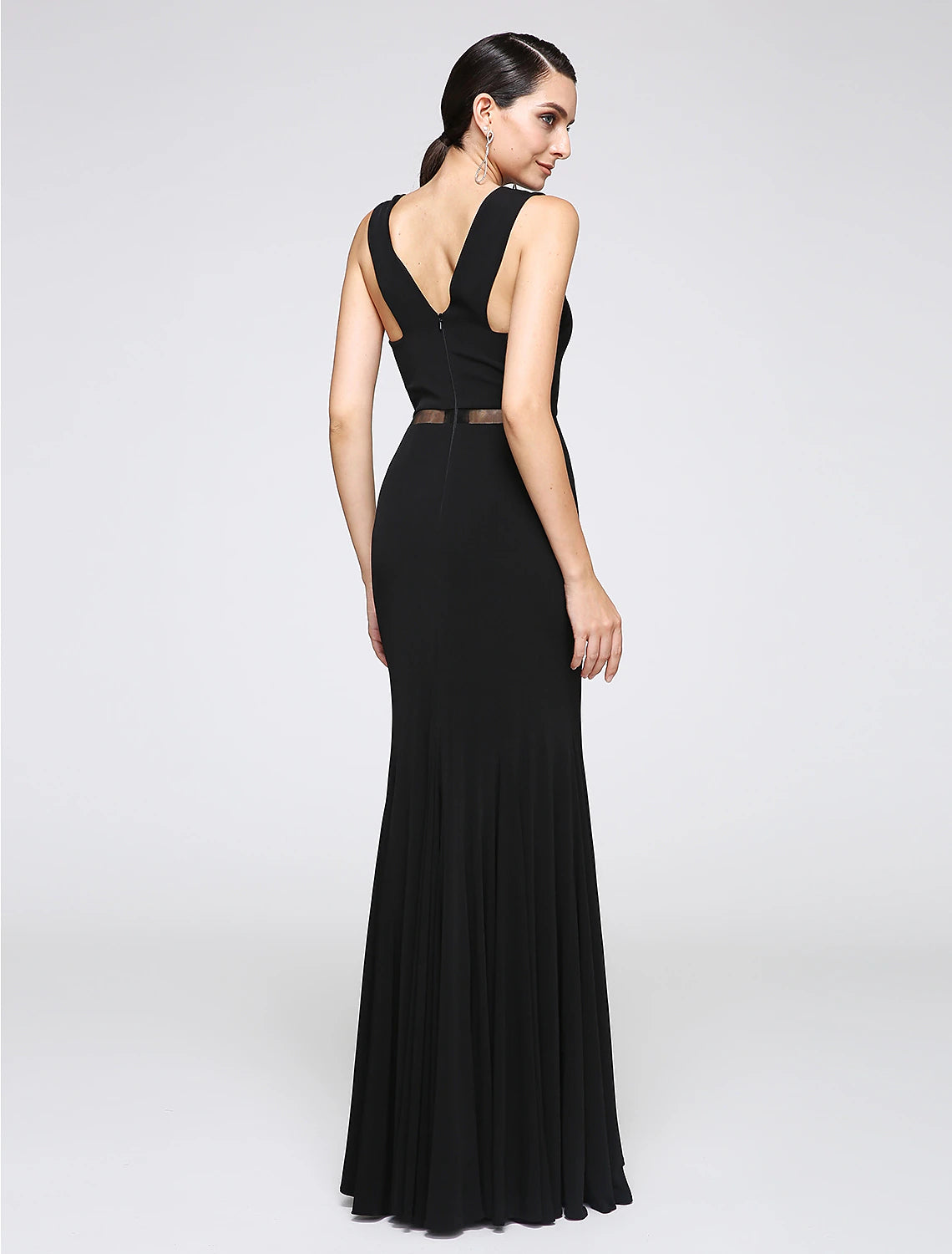 Y Neck Floor Length Jersey Minimalist Holiday / Cocktail Party / Formal Evening Dress with Lace