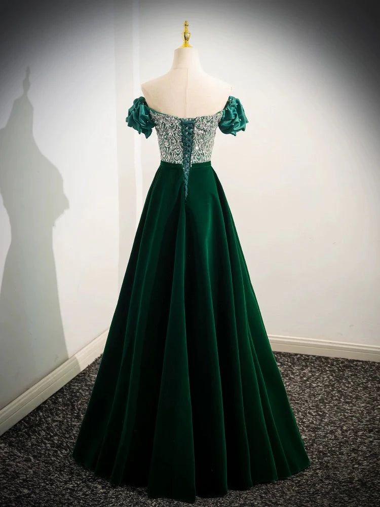 Buyishang A-Line Velvet Sequin Beads Green Long Prom Dress Velvet Green Long Formal Dress