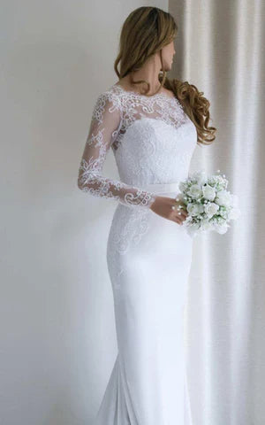 Buyishang Bateau Lace Long Sleeve Sheath Chiffon Wedding Dress With Sweep Train