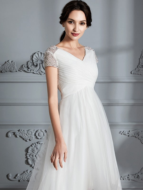 A-Line/Princess V-neck Short Sleeves Asymmetrical Tulle Wedding Dresses