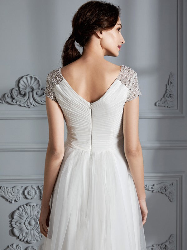 A-Line/Princess V-neck Short Sleeves Asymmetrical Tulle Wedding Dresses