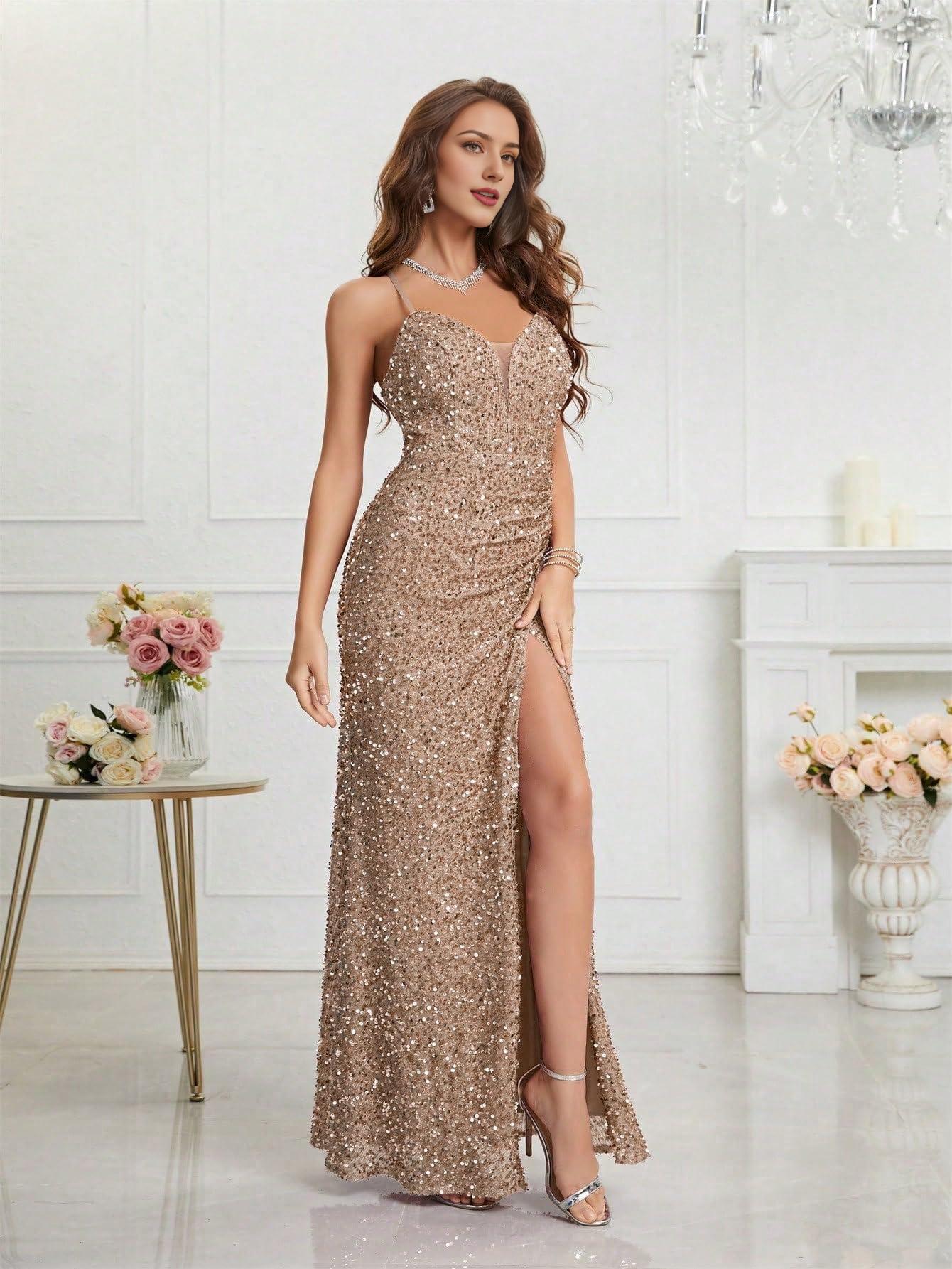 Buyishang Sequin Dress for Women Prom Dress Sexy V-Neck Bodycon Sequin Gowns and Evening Dresses prom shop dresses
