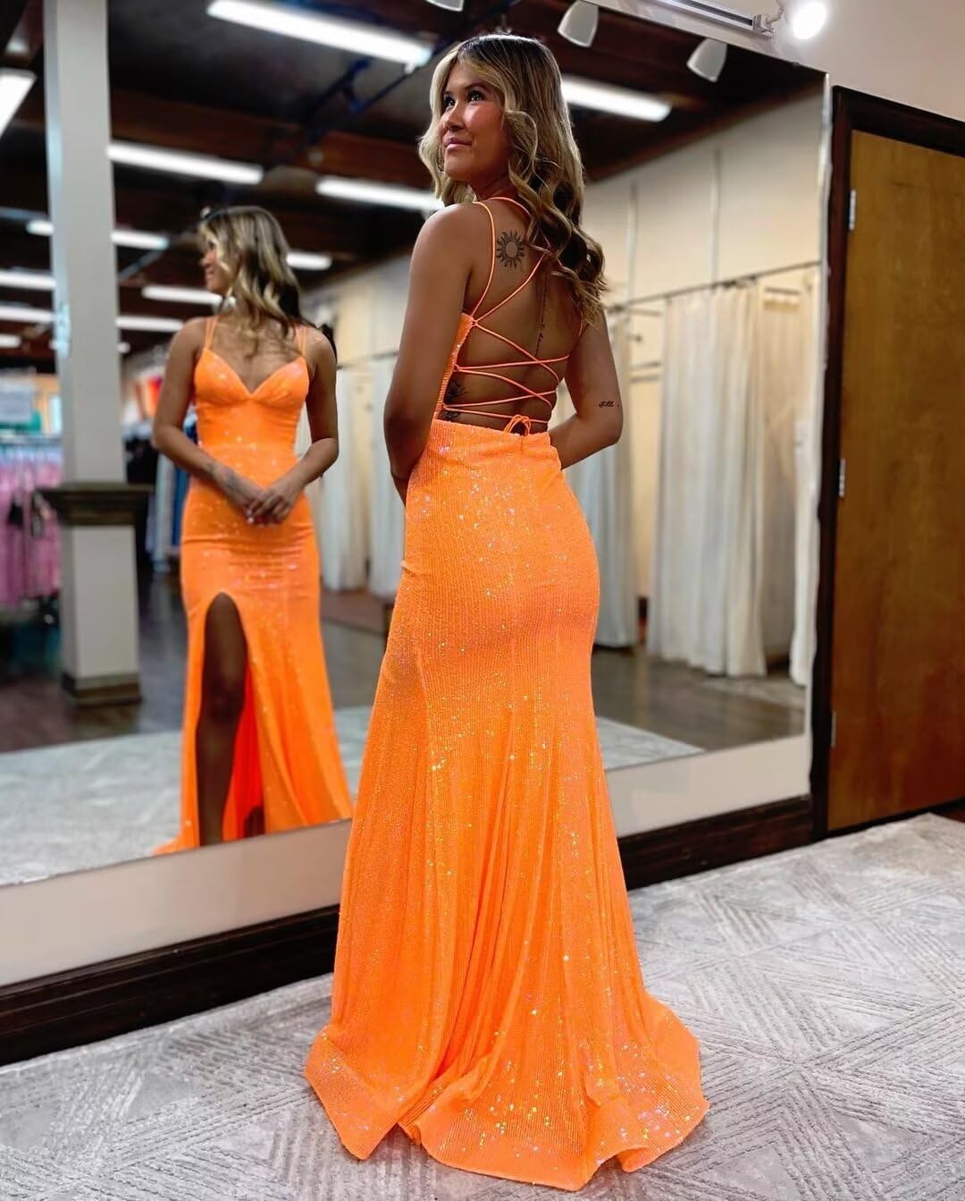 Buyishang Spaghetti Strap Sequin V Neck Mermaid Prom Dress Sparkly Formal Dresses Evening Gowns with Slit prom shop dresses