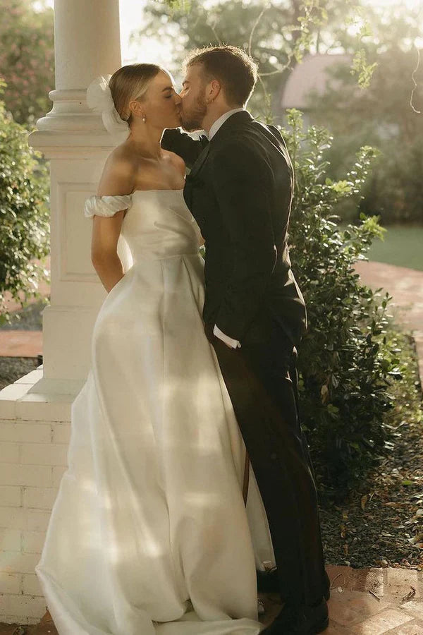 Buyishang A-Line Satin Off the Shoulder Wedding Dresses with Slit