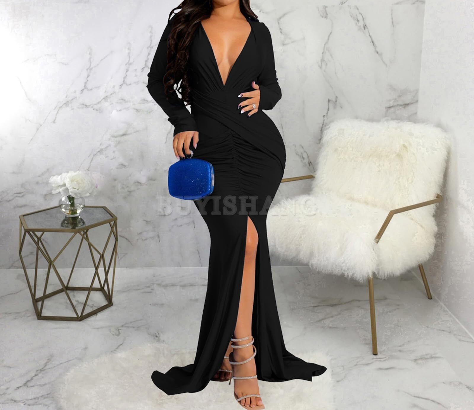 Buyishang Women's Elegant Formal Mermaid Maxi Dress Off Shoulder Long Sleeve Wedding Split Evening Gown Prom Cocktail Party Dresses prom dresses stores