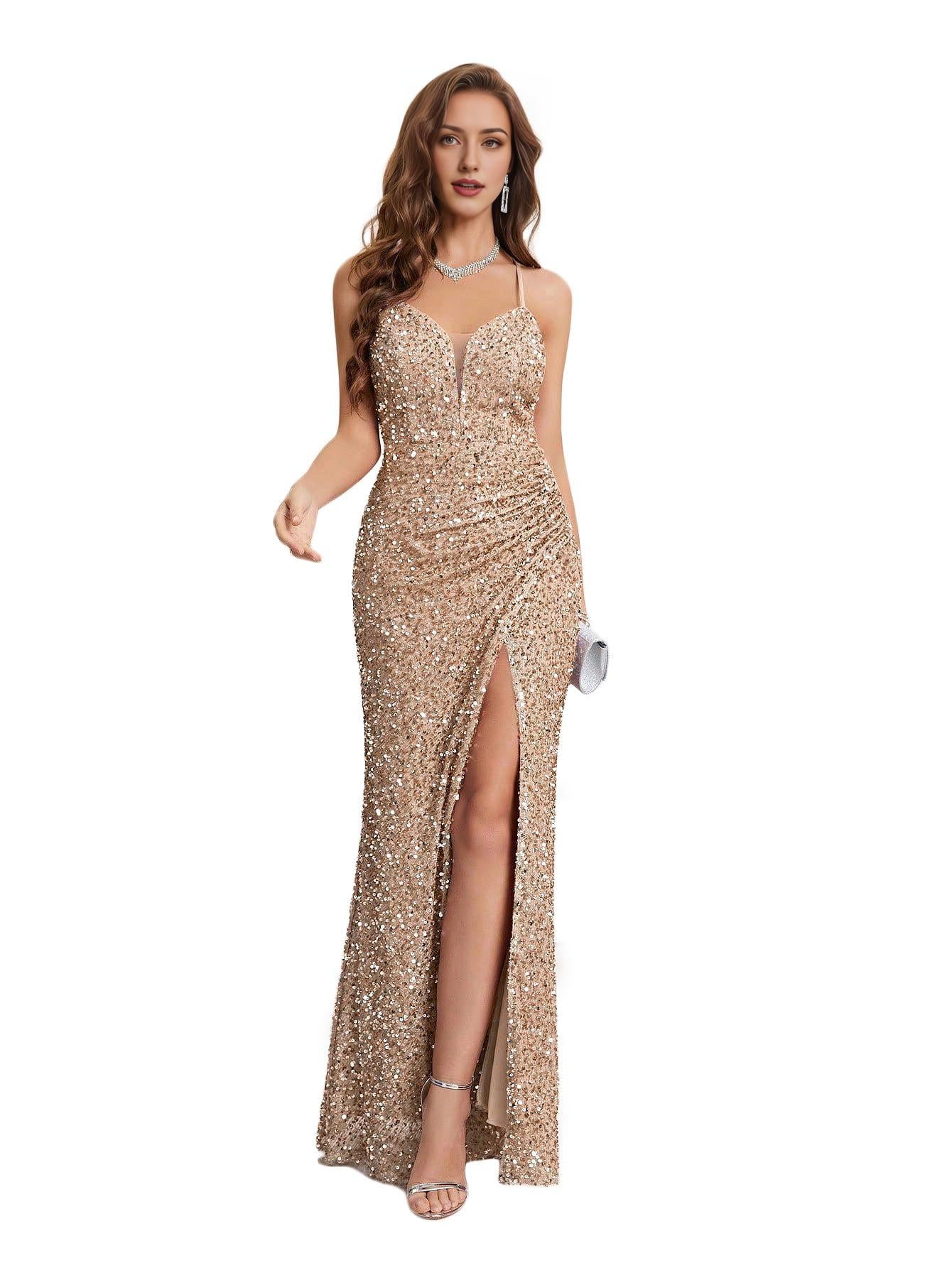 Buyishang Sequin Dress for Women Prom Dress Sexy V-Neck Bodycon Sequin Gowns and Evening Dresses prom shop dresses