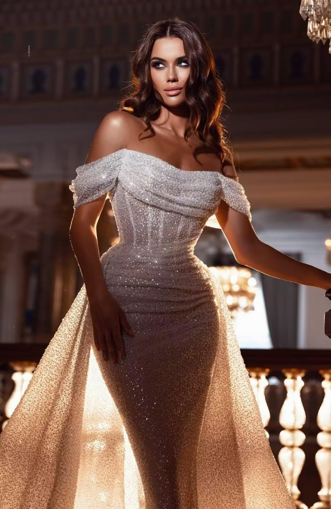 Buyishang Mermaid Sequin Prom Dresses for Women Long Sparkly Off Shoulder Ruched Formal Evening Dress prom shop dresses