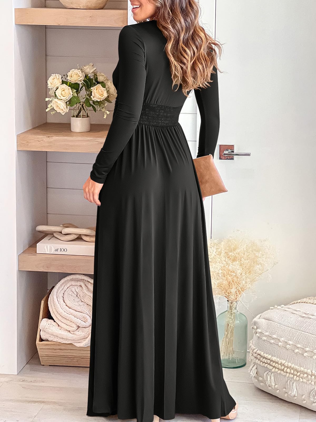 Buyishang Women Deep V Neck Long Sleeve Slit Fall Elegant Formal Wedding Guest Cocktail Evening Date Prom Maxi Long Dress
