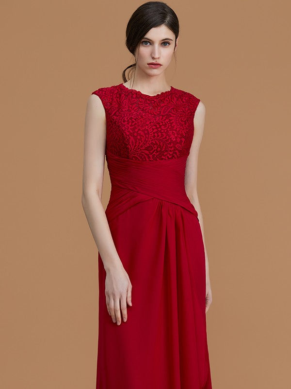 Sheath/Column Jewel Sleeveless Floor-Length Lace Chiffon Bridesmaid Dresses