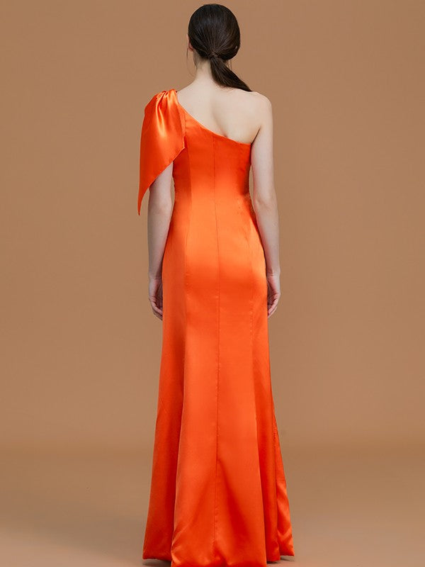 Trumpet/Mermaid One-Shoulder Sleeveless Floor-Length Ruched  Woven Satin Bridesmaid Dresses