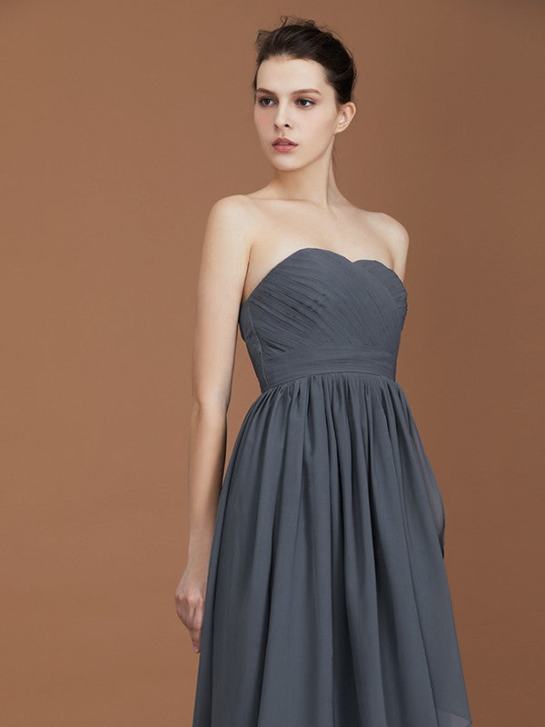 A-Line/Princess Asymmetrical Sleeveless Ruched Sweetheart Floor-Length Chiffon Bridesmaid Dresses
