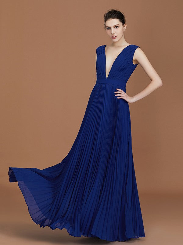 A-Line/Princess V-neck Sleeveless Pleated Floor-Length Chiffon Bridesmaid Dress
