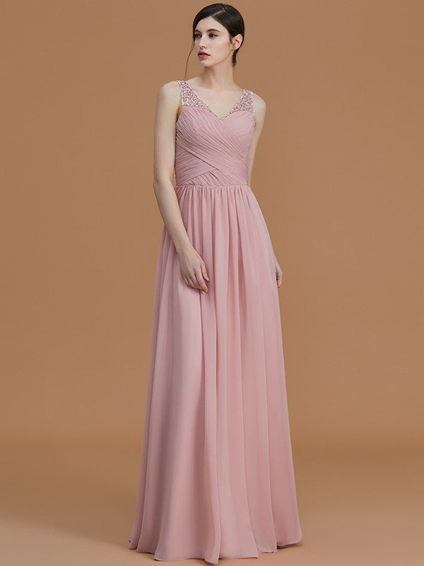 A-Line/Princess V-neck Sleeveless Floor-Length Beading Chiffon Bridesmaid Dresses