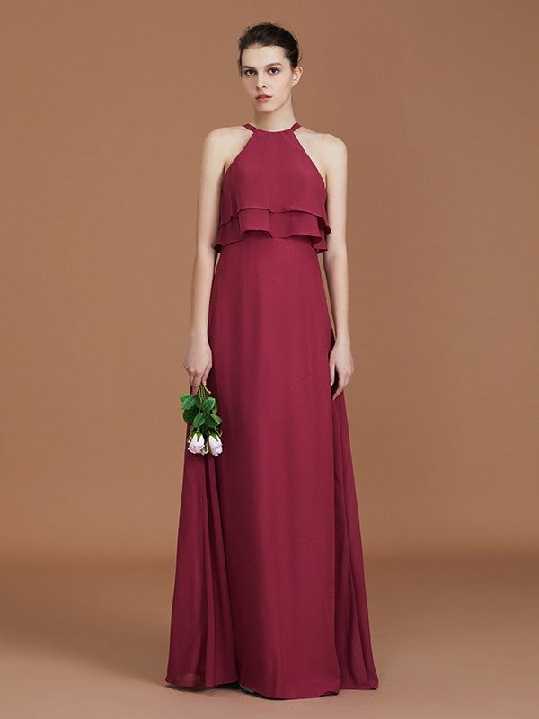 A-Line/Princess Scoop Sleeveless Floor-Length Ruffles Chiffon Bridesmaid Dress Ruffles